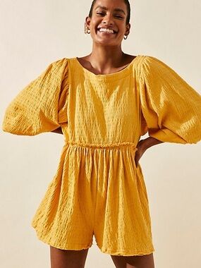 Free People Beach Beyond Obsessed Romper Yellow Size M Boho Babydoll Puff Sleeve